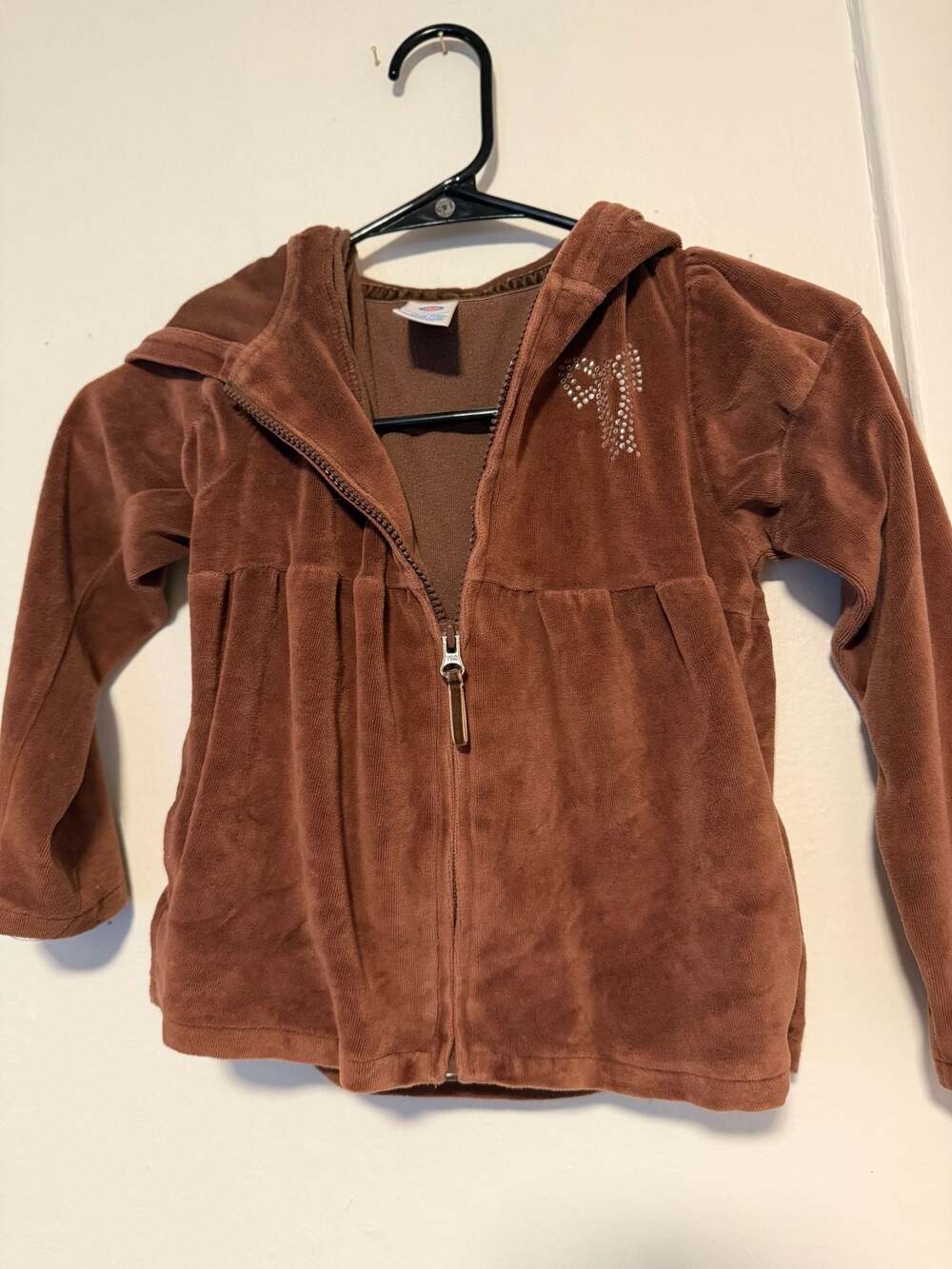 The Kids Source Brown Velour Hooded Zip-Up Jacket with Rhinestone Bow